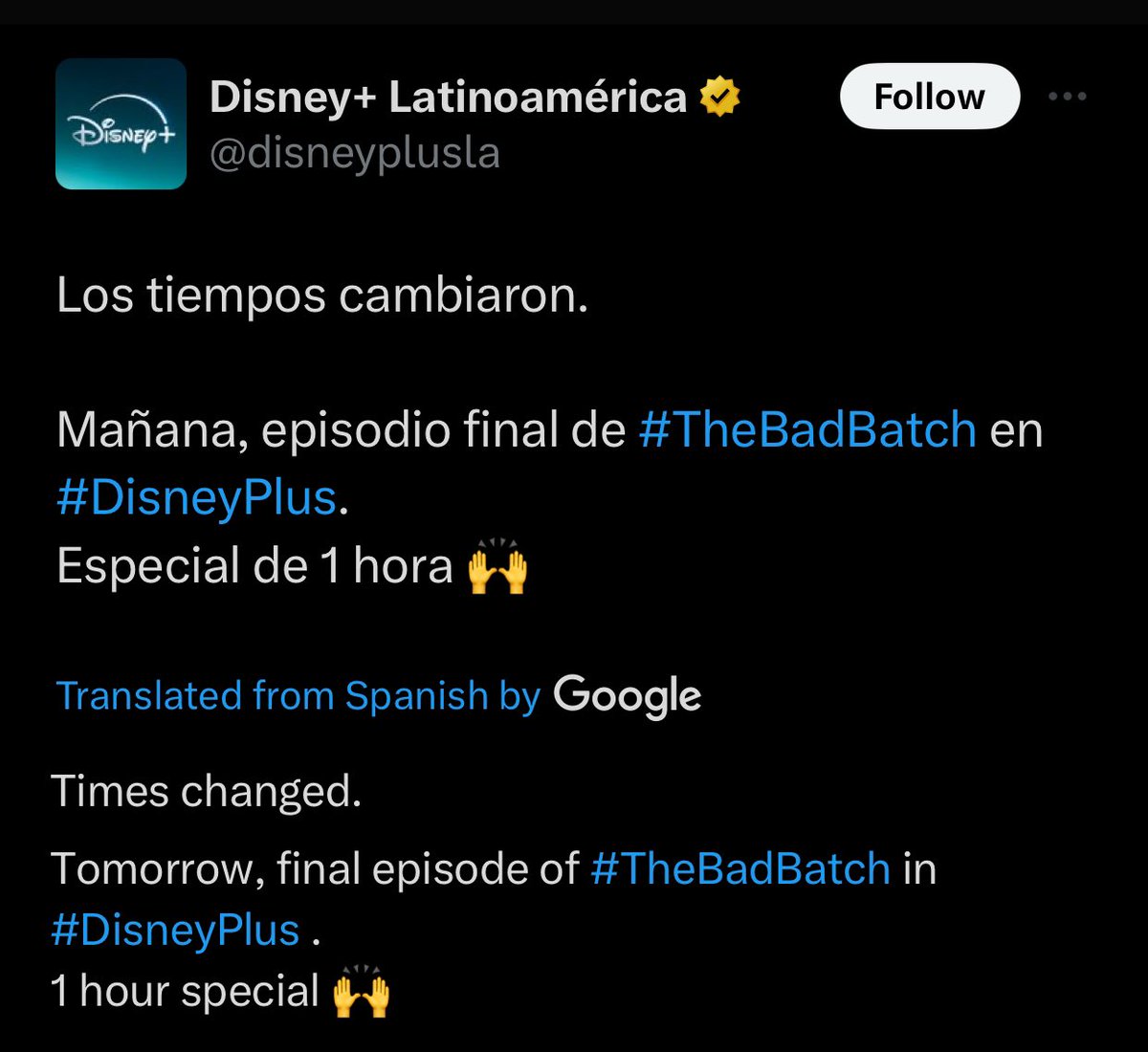 Disney+ Latinoamérica has revealed that the series finale of ‘STAR WARS: THE BAD BATCH’ will be over 1 hour long. Releasing tomorrow.