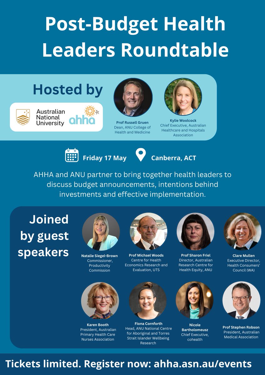 New speaker announced! We are delighted that Natalie Siegel-Brown, Commissioner at the Productivity Commission, will join other notable health leaders at AHHA’s and ANU’s Post-Budget Health Leaders Roundtable on the 17 May. Register here: ow.ly/T6pP50Rt1G0