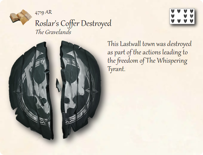 GolarionToday's tweet photo. 4719 AR: Roslar's Coffer Destroyed
#Gravelands #Lastwall #4719AR #RoslarsCoffer
https://t.co/UG8YZ8hNMT
This Lastwall town was destroyed as part of the actions leading to the freedom of The Whispering Tyrant. https://t.co/8zaY2pCLgb