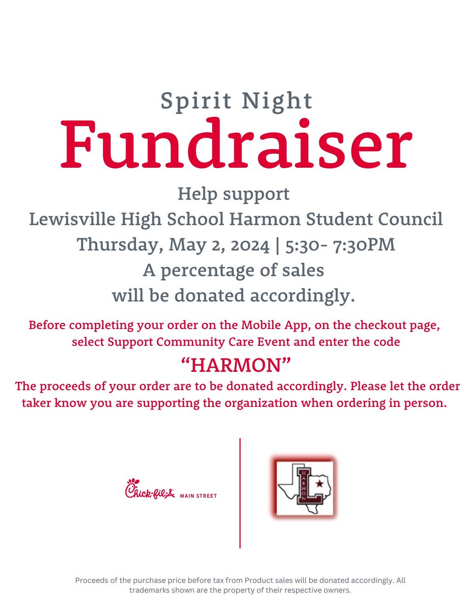 Support LHS Harmon student council by having dinner at Chick-fil-a this Thursday 5:30-7:30!❤️
