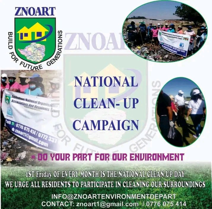 Friday is National Clean up Campaign Day. Residents take your part by cleaning your homes, Your Communities , with your families, A clean environment is a healthy community. Don't forget to embrace your ZIG currency @edmnangagwa @EMAeep @OpenParlyZw @ReserveBankZIM @TMuguti