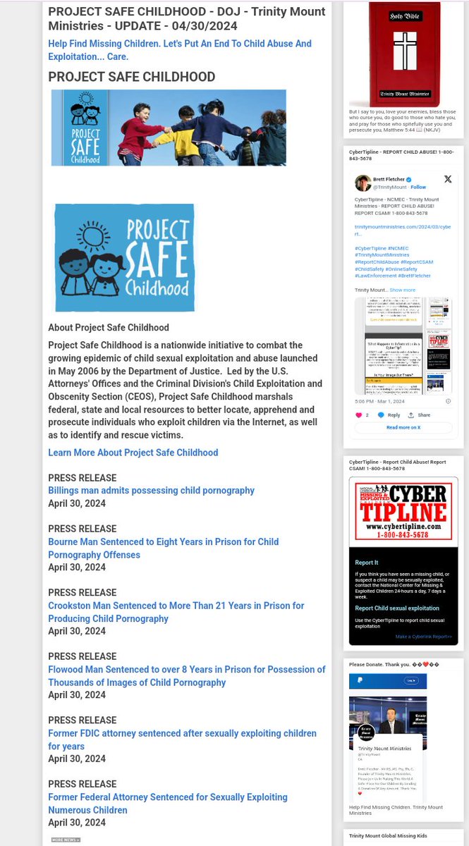 PROJECT SAFE CHILDHOOD - DOJ - Trinity Mount Ministries - UPDATE - 04/30/2024

trinitymountministries.com/2024/04/projec…

#TrinityMountMinistries #ProjectSafeChildhood #ChildPredatorsConvicted #ChildSafety #OnlineSafety #LawEnforcement #Police #DOJ  #DHS #FBI #CyberTipline #EndChildTrafficking…