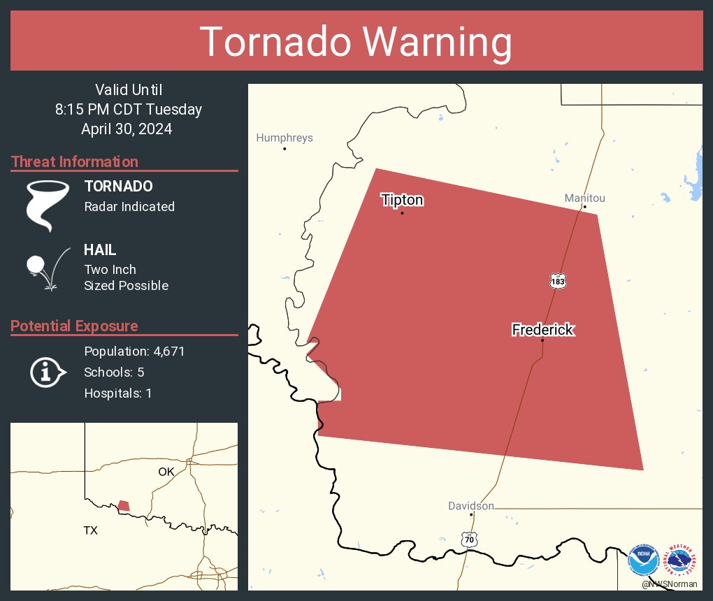 Tornado Warning continues for Frederick OK and Tipton OK until 8:15 PM CDT