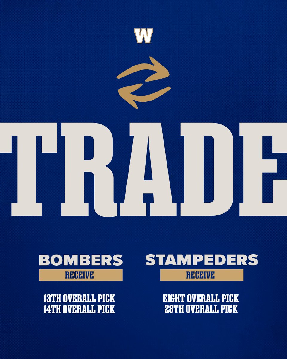 We have traded our eighth and 28th overall pick for the 13th and 14th overall pick from the @calstampeders. #ForTheW