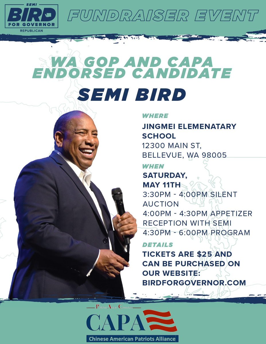 Event Announcement! Please join Semi on Saturday, May 11th in Bellevue, for another exciting campaign fundraiser for the WAGOP and CAPA endorsed candidate Semi Bird! Enjoy light appetizers while listening to Semi's plan to save our beautiful state. Doors open at 3:30 for our…