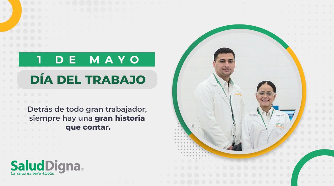 Hoy te deseamos un feliz día a ti que día a día trabajas por construir un mundo mejor. 💪🏻 Y a nuestros colaboradores que a diario dan lo mejor de sí y buscan brindar un servicio de calidad a todos nuestros pacientes. ¡Felicidades! 🙌🏻🥳💚 #SaludDigna #DíaDelTrabajo