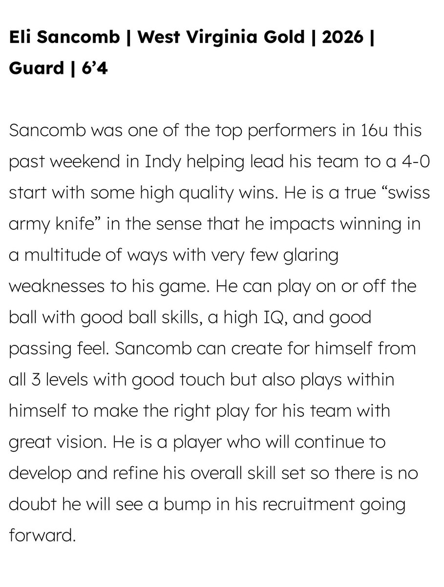 Awesome write up about our guy Eli Sancomb. You would have a very difficult time finding a more competitive & tough player than E…. A winner and a leader! Big things ahead 

@CCHSHoops_ @wvprepbb