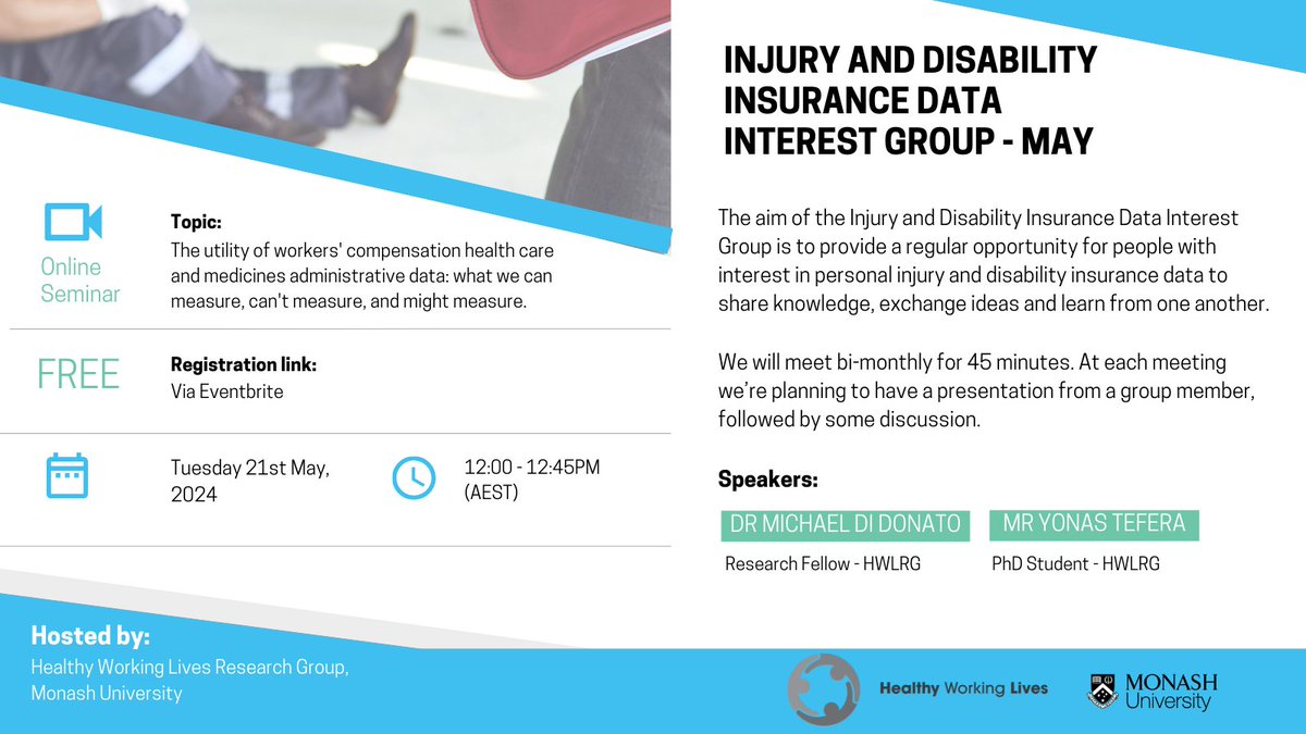 📢 Join us for a free webinar: "The utility of workers' compensation health care and medicines administrative data." Learn what we can measure, can't measure, and might measure featuring Dr. Michael Di Donato and Mr. Yonas Tefera.

Register now! bit.ly/3xSJ1t2