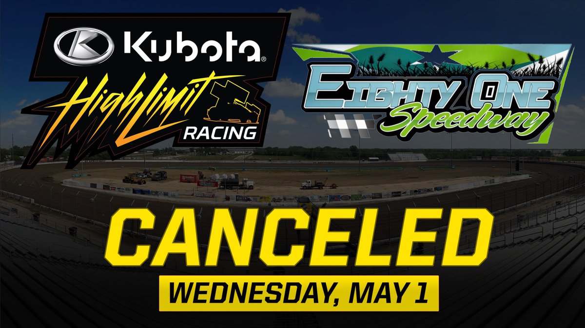 ⛈️ 𝗪𝗘𝗗𝗡𝗘𝗦𝗗𝗔𝗬 𝗜𝗦 𝗖𝗔𝗡𝗖𝗘𝗟𝗘𝗗 ⛈️ With severe storms incoming, @81_Speedway and @Kubota_USA High Limit Racing officials have agreed to cancel Wednesday’s event in the interest of teams & fans after consulting with meteorologists. 𝗠𝗢𝗥𝗘: highlimitracing.com/press/2024/art…