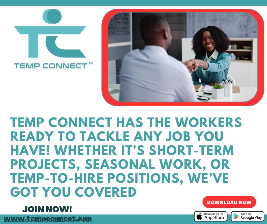 Searching for the perfect match for your staffing needs? Look no further than Temp Connect! Whether you need temporary, seasonal, part-time, or full-time talent, we've got you covered. 

#TempConnect #StaffingSolutions #TemporaryJobs #SeasonalJobs #PartTimeJobs #FullTimeJobs