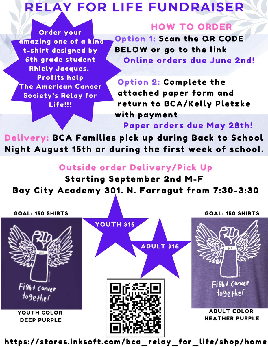 🚨 New fundraiser alert!! 🚨

The Bay City Academy team is selling student designed t-shirts! Order online (at the link below) or contact us for a paper order form.

stores.inksoft.com/bca_relay_for_…

#RelayForLife @BayCityAcademy