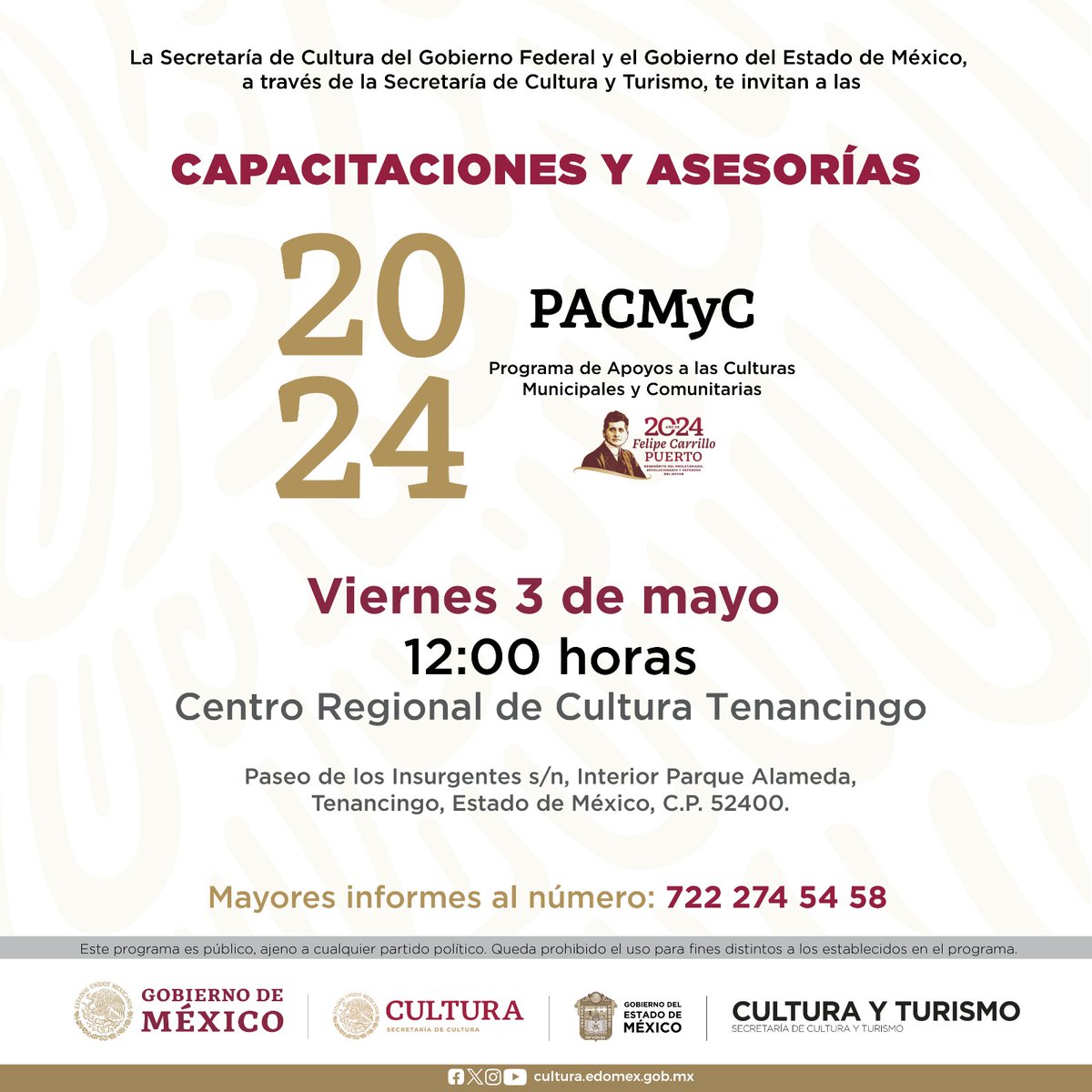 Asiste a las capacitaciones y asesorías que se llevarán a cabo en el @EdomexTenancing, para el #PACMyC 2024 (Programa de Apoyos a las Culturas Municipales y Comunitarias). 📅 Viernes 3 de mayo ⏰ 12:00 horas. Convocatoria: bit.ly/PACMyC2024