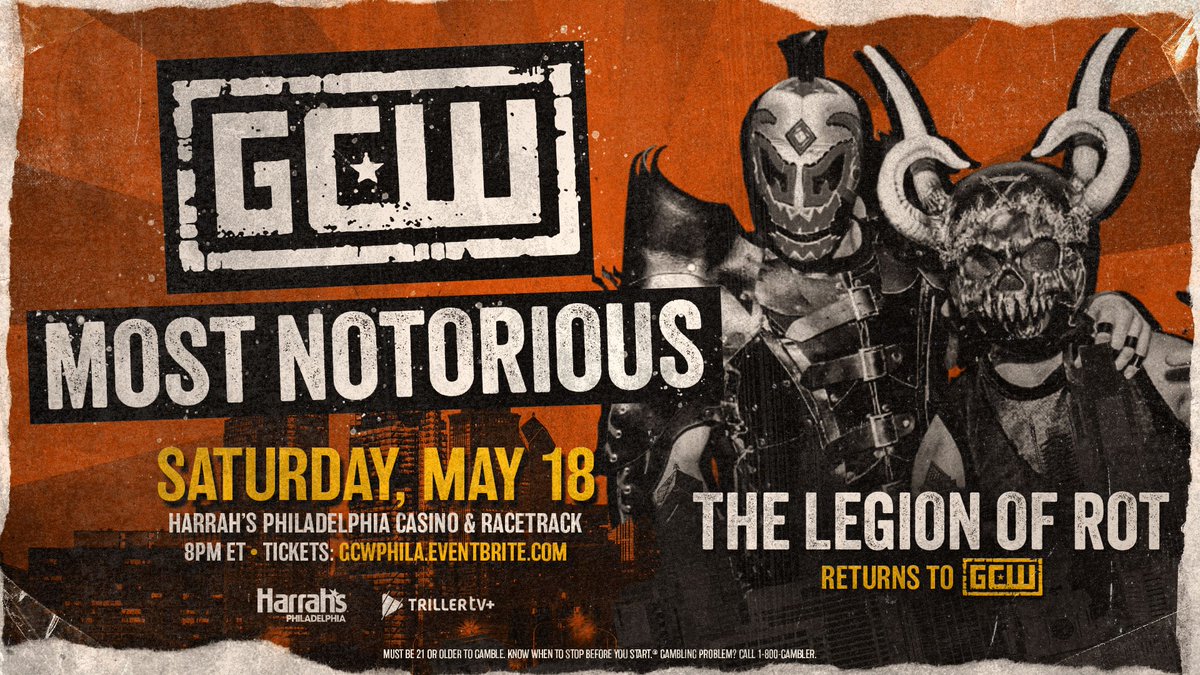 *PHILADELPHIA UPDATE* Just Signed: THE LEGION OF ROT returns to GCW on May 18th in Philly! Plus: Joey Janela vs Megan Bayne SDL vs Tasha Steelz Mance vs Mathers Nick Gage Zilla Fatu Deppen Ruckus +more Tix: GCWPHILA.EVENTBRITE.COM Watch LIVE on @FiteTV+ Sat 5/18 - 8PM