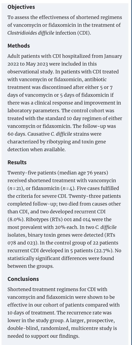 Interesting! 

My gut response was shorter for C diff would not be okay, but look what they found… 🤔…

academic.oup.com/jac/advance-ar… #IDxPosts @BradSpellberg @ABsteward