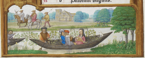 Ah May. The month of courtship. Hardly a 'Labour of the Month' as these things go. Except perhaps for the boatman. (Add MS 35313, f. 3v)