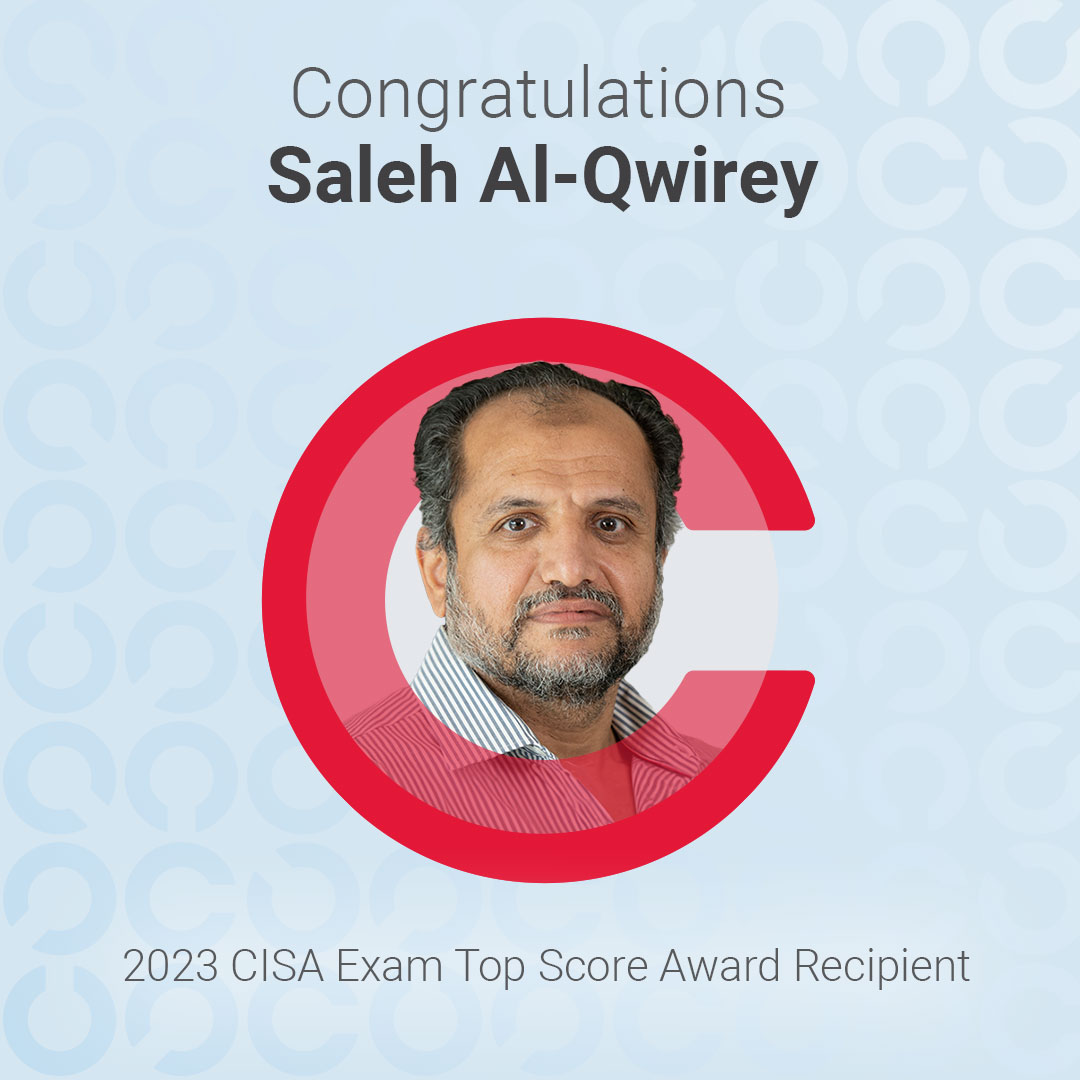 A big congrats to you, Saleh, for having the highest #CISA certification exam score in 2023! 🏆 Drop him a note in the comments. Check out the top exam score earners for CISM, CRISC, CGEIT and CDPSE in 2023: bit.ly/4bbkUUO