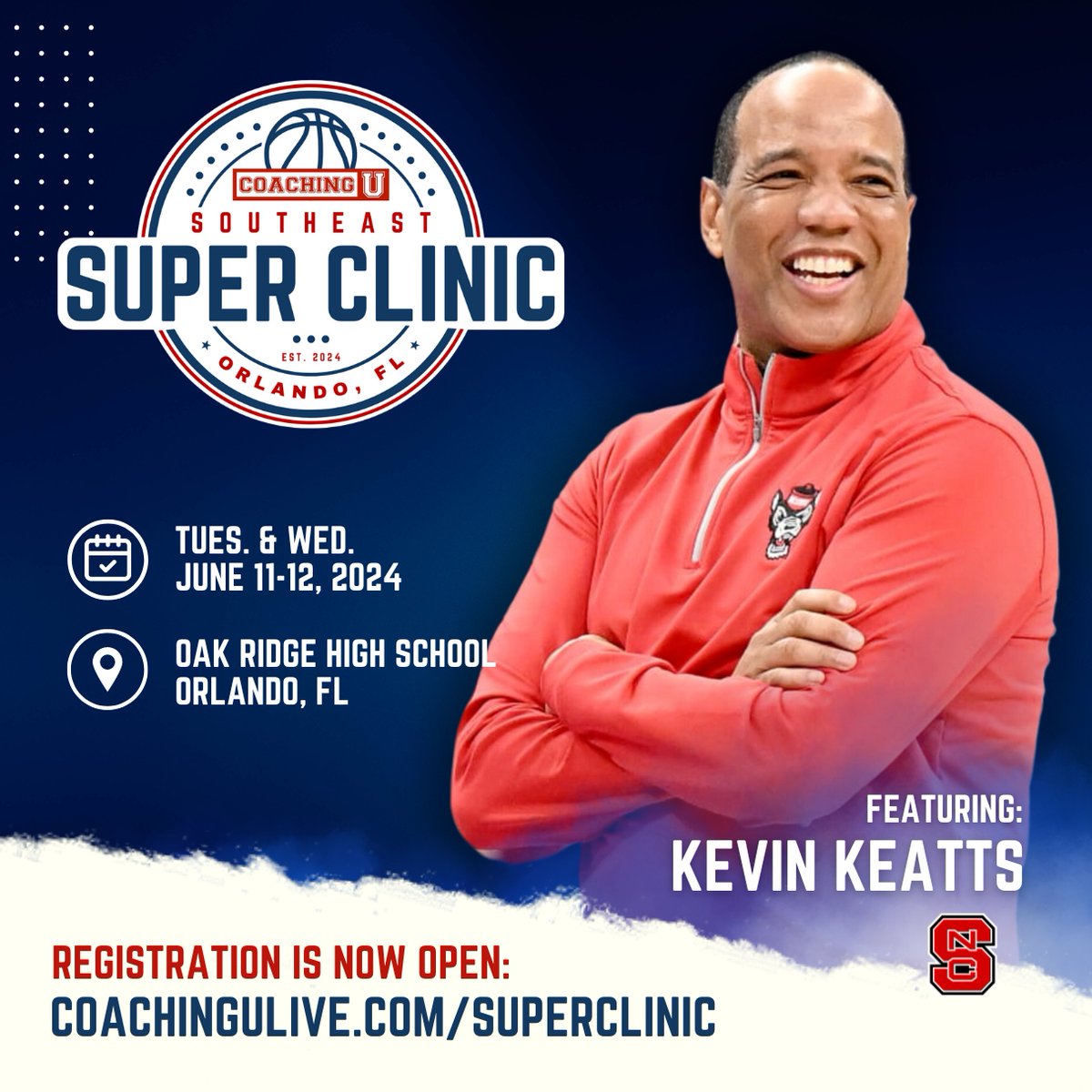 🏀 Coaching U returns to Orlando this summer for the 1st ever Southeast Super Clinic featuring NC State head coach Kevin Keatts fresh of his Final Four appearance! 🗓️ June 11-12, 2024 📍 Orlando, FL 🎟️ Registration is now open: 🔗 coachingulive.com/superclinic