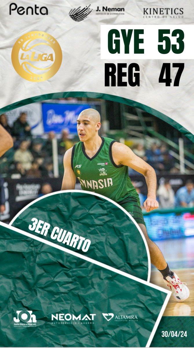 #LaLiga40 Final del tercer cuarto 🏀 Gimnasia 53-47 @ClubRegatasCtes #VamosGimnasia🇳🇬 #ElEquipoDeLaPatagonia💚