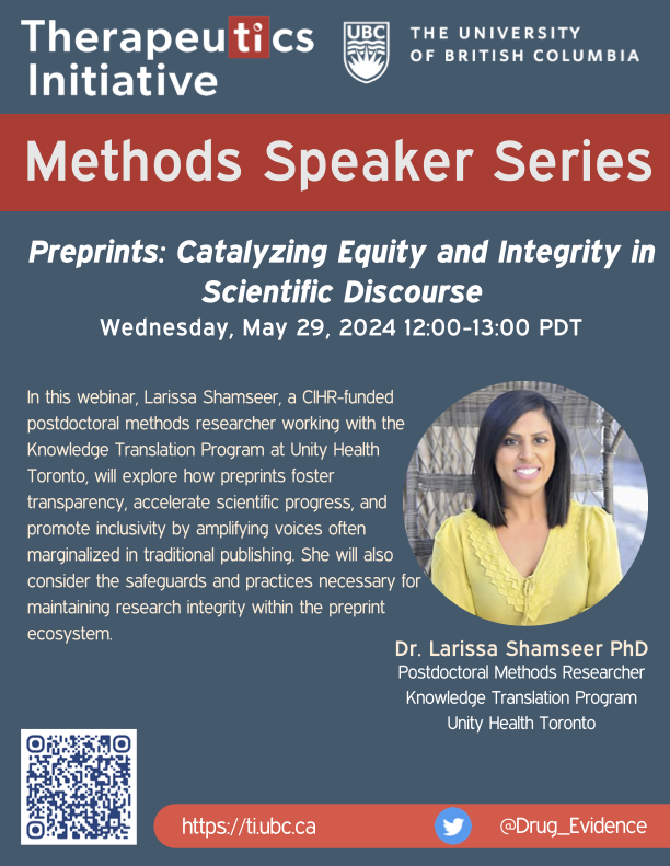 🎺Our May 29th #ResearchMethods webinar considers the impact of Preprints 📰 🎙️Speaker: Dr. Larissa Shamseer @LarissaShamseer 🖱️Registration: ti.ubc.ca/preprints/ #researchmethods #preprints #publishing