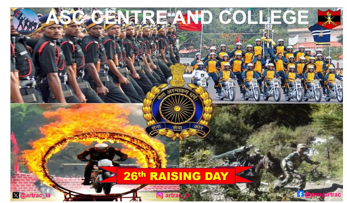 '𝐀𝐒𝐂 𝐂𝐞𝐧𝐭𝐫𝐞 & 𝐂𝐨𝐥𝐥𝐞𝐠𝐞 - 26th 𝐑𝐚𝐢𝐬𝐢𝐧𝐠 𝐃𝐚𝐲'

Lt Gen Manjinder Singh, #GOCinC & All Ranks of #ARTRAC extend Warm Greetings & Best Wishes to All Ranks, Trainees, Civil Staff & Families of #ASC Centre & College on the occasion of '26th Raising Day'.…