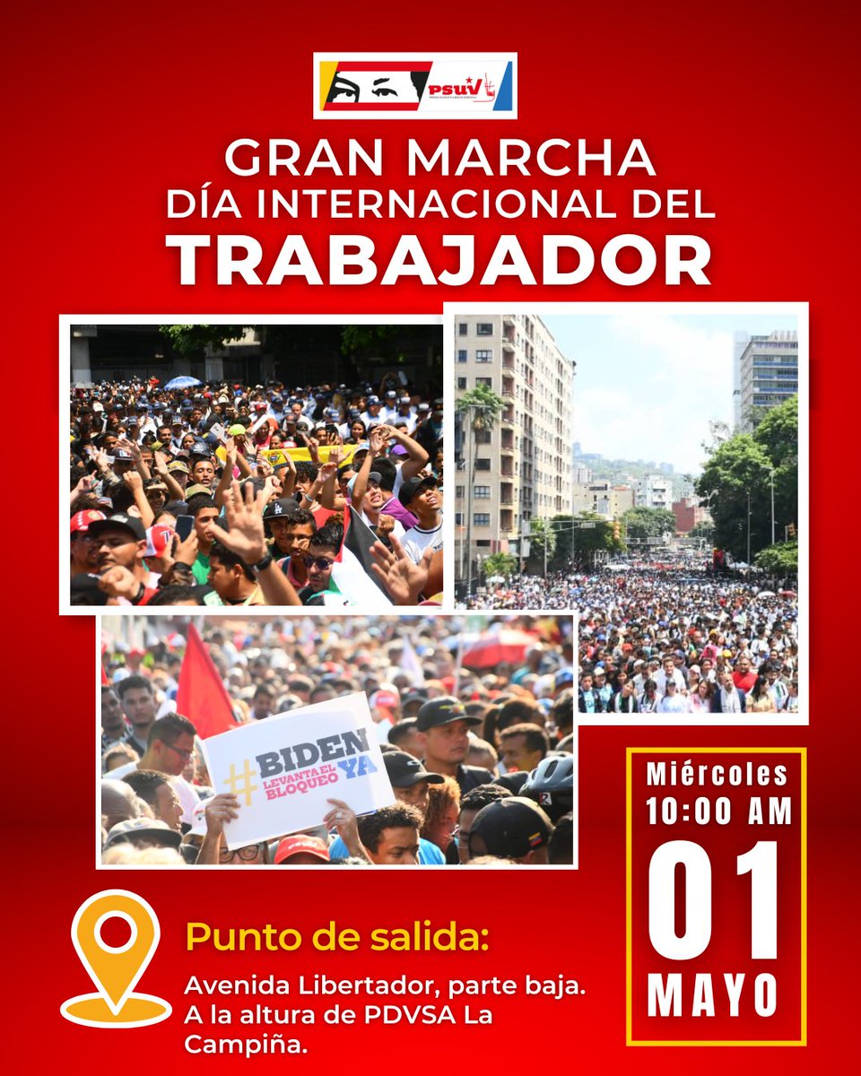 📢 ¡ATENCIÓN! Este miércoles, 1° de Mayo, el pueblo venezolano toma las calles de Caracas en homenaje a las heroínas y héroes que luchan y seguirán luchando por levantar la producción nacional en medio de las sanciones y el bloqueo contra nuestra Patria. 📌 ¿Dónde nos vemos?
