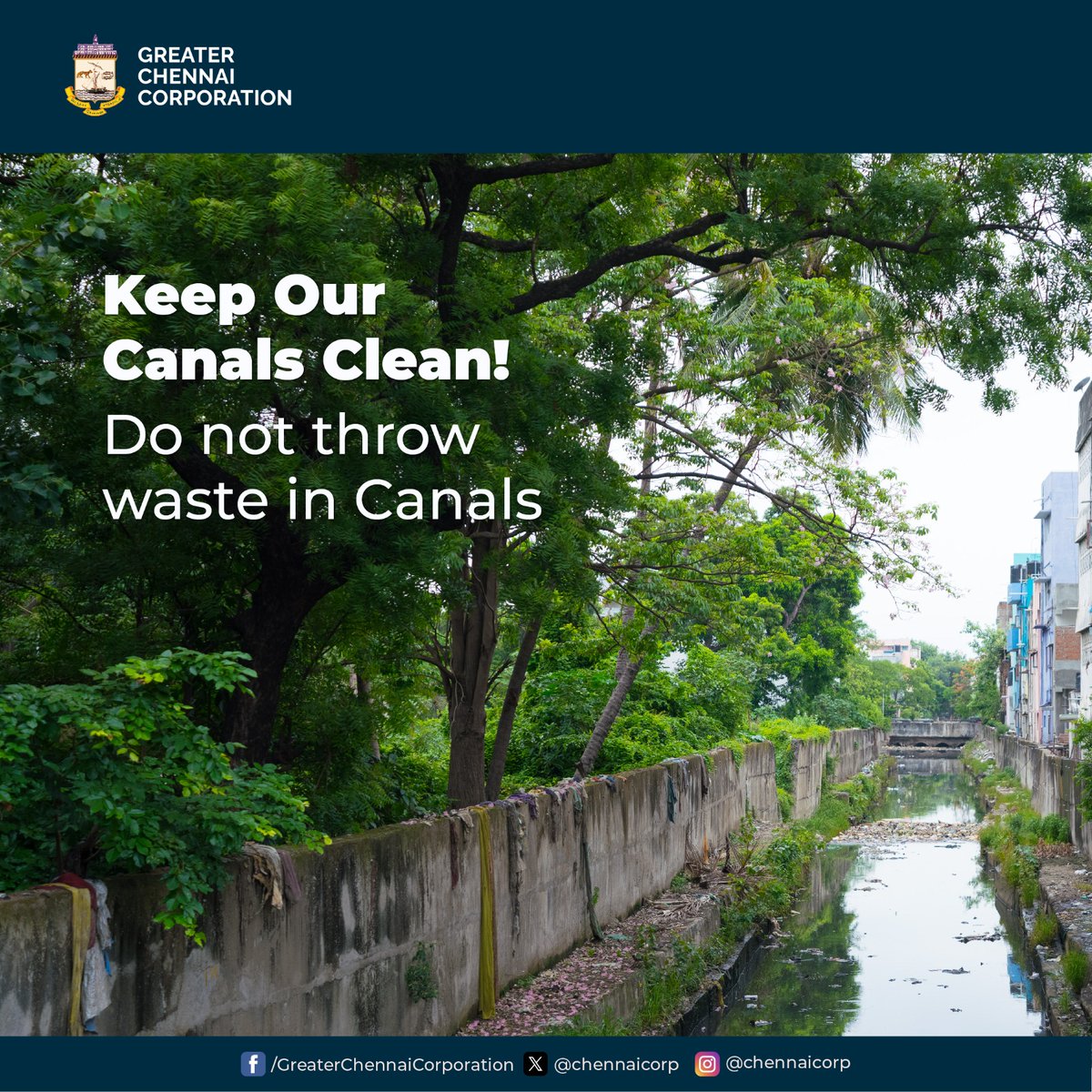 Dear #Chennaiites,

Keep our canals clean! Let's protect our waterways and the environment by disposing of waste properly. Say no to littering in public places.

@RAKRI1 
#ChennaiCorporation
#HeretoServe