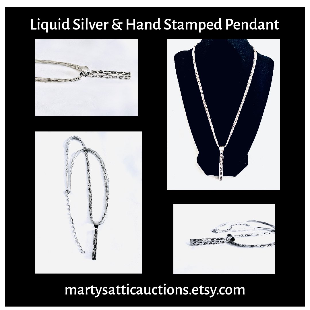 Elegant Sterling 10 Strand Liquid Silver Necklace with Sterling 2' Rectangular Pendant, Vintage Hand Stamped Pendant with 3' Extender Chain