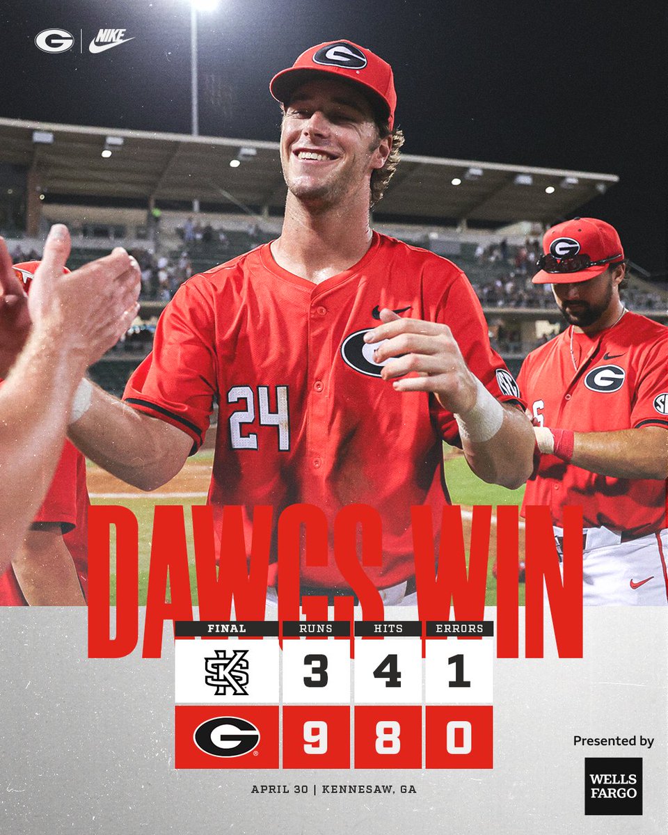 𝑹𝑰𝑵𝑮 𝑻𝑯𝑬 𝑩𝑬𝑳𝑳 The Dawgs use four home runs to top Kennesaw State in a midweek matchup. #GoDawgs | @WellsFargo