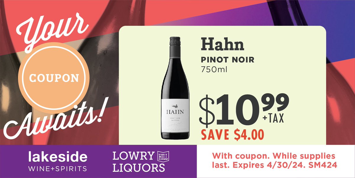 Save $4.00 on @hahnwines Pinot Noir 750ml bottles throughout the month of April with this virtual coupon while supplest last! #hahn #pinotnoir #redwine #winelover #april #cheers