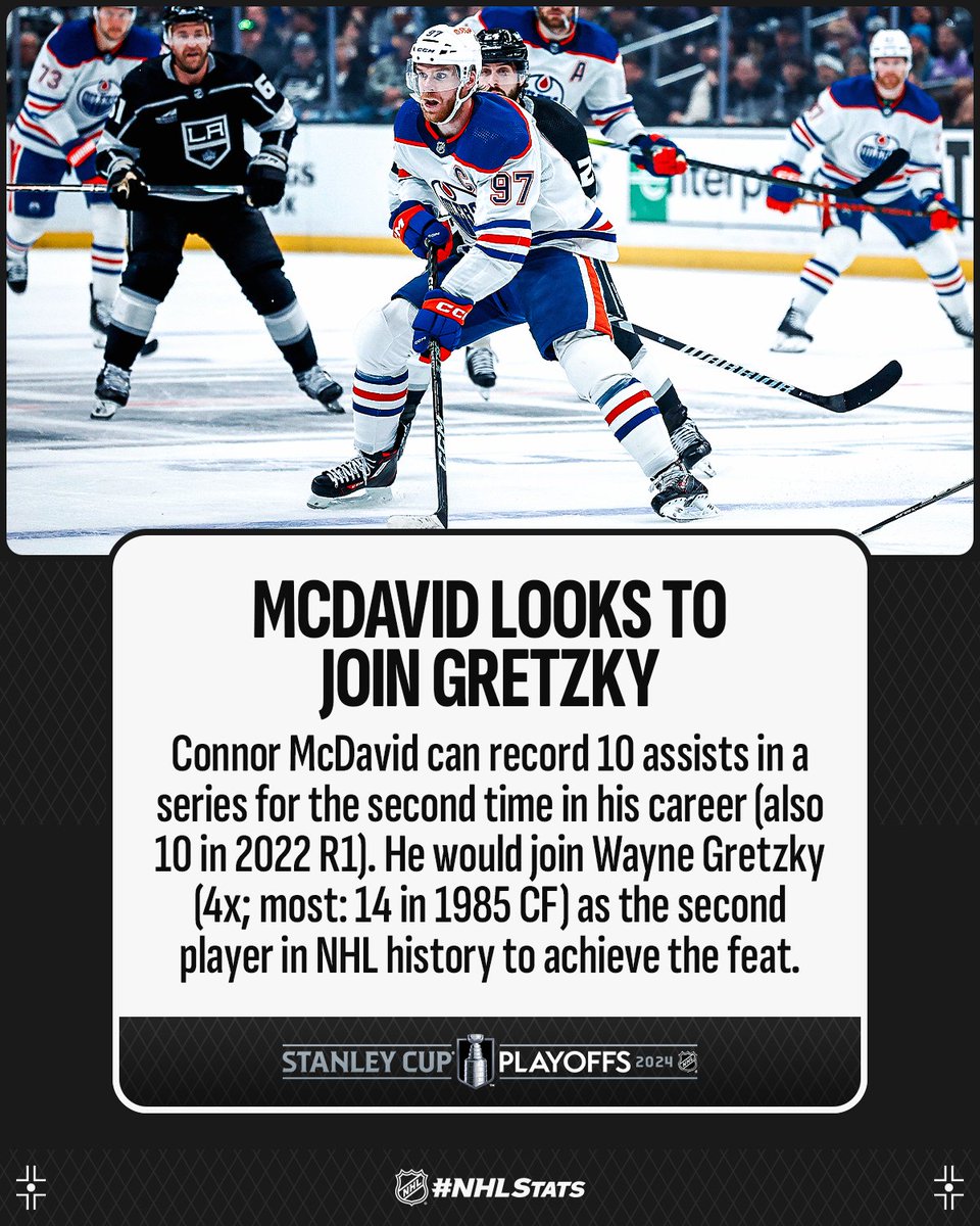 After co-leading all skaters with 100 assists this season, Connor McDavid has kept up the pace with nine helpers in the First Round. How many more assists will the @EdmontonOilers captain rack up? #StanleyCup #NHLStats 📺: 10 p.m. ET on @ESPN, @Sportsnet, @TVASports, CBC