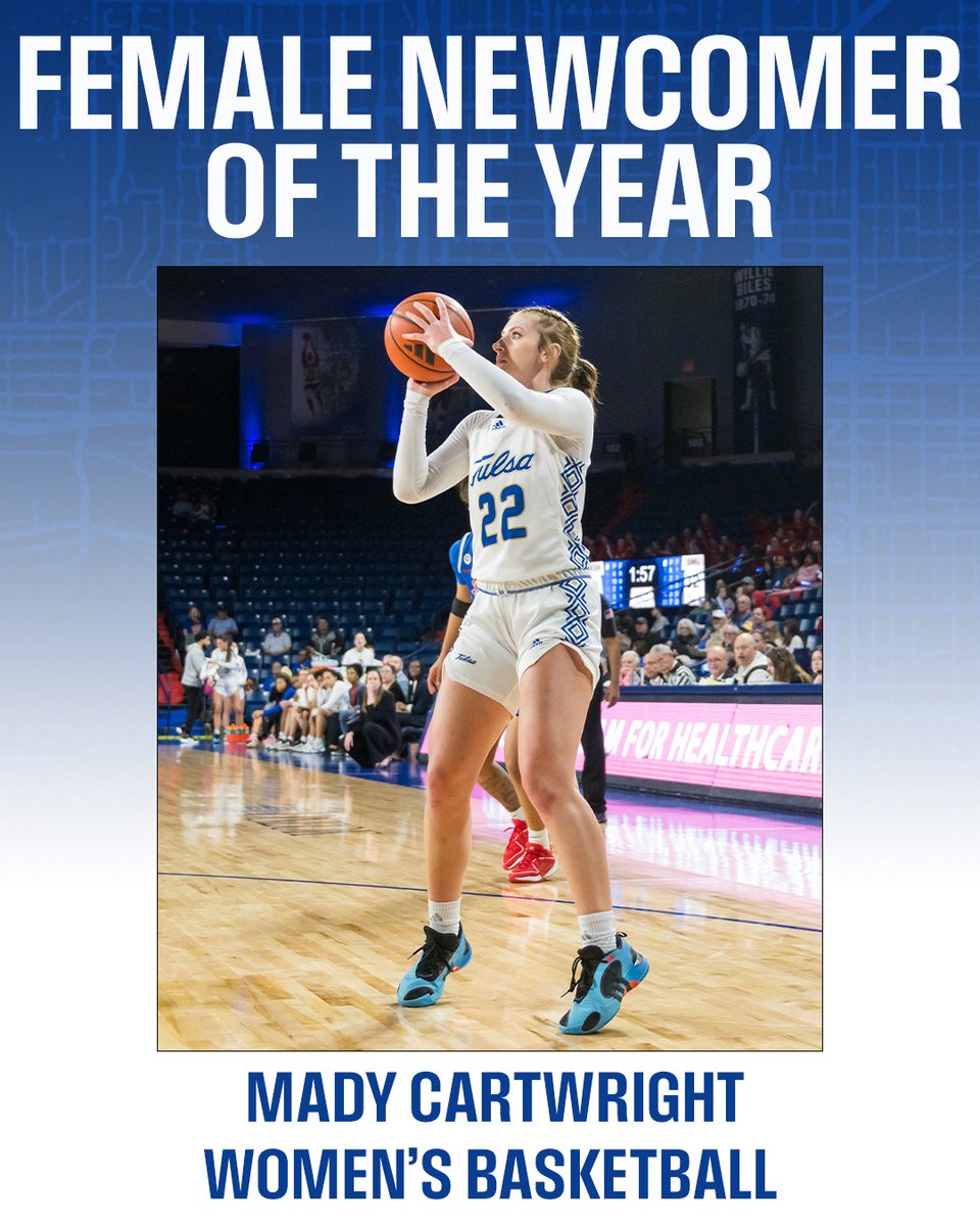 Tulsa Athletics Female Newcomer of the Year goes to Mady Cartwright of @TulsaWBB !!🌀 Congratulations, Mady! #ReignCane