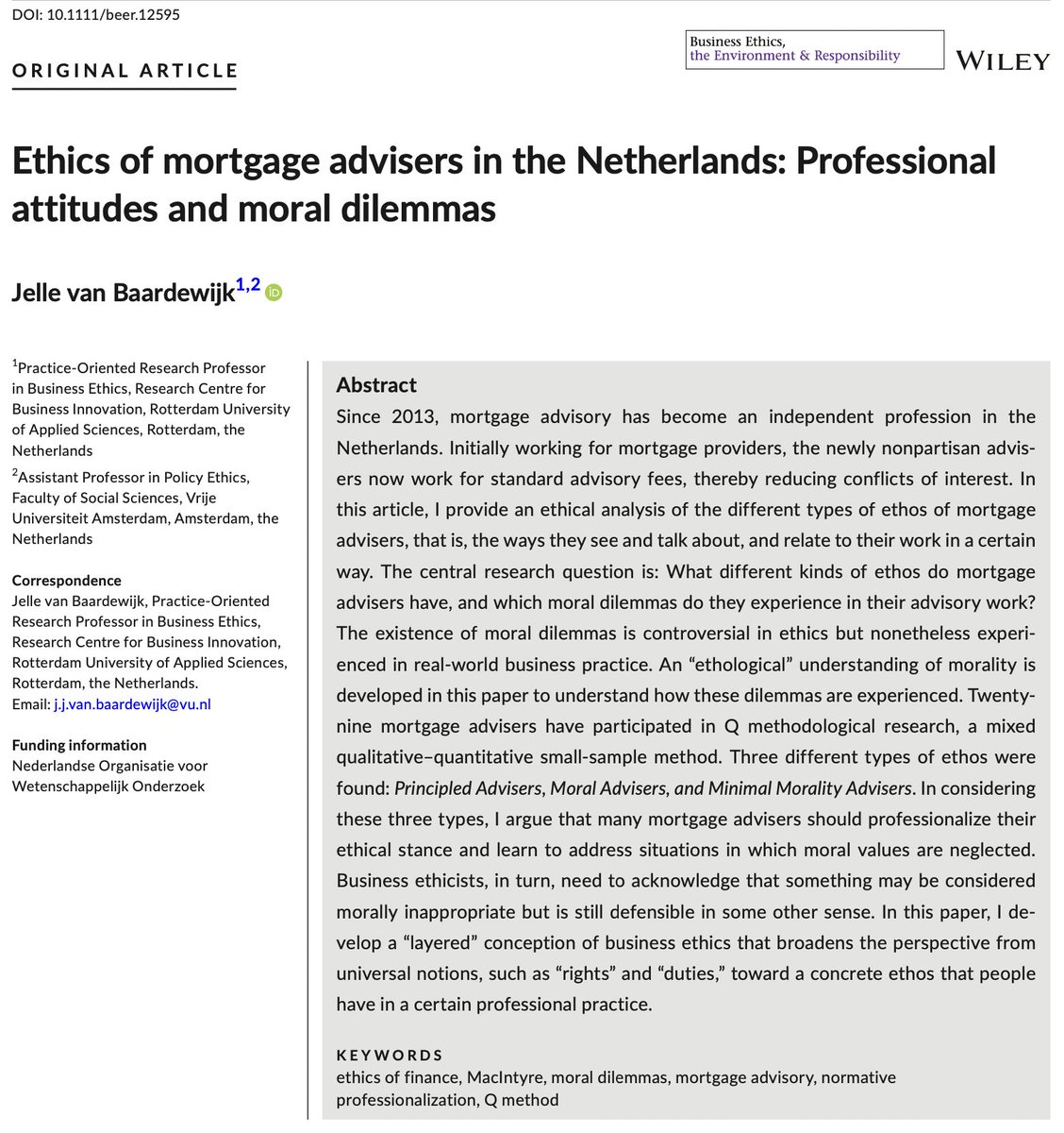 Ethics of mortgage advisers in the Netherlands: professional attitudes and moral dilemmas @Cultuurfilosoof 🔓→ doi.org/10.1111/beer.1… #Ethics #MoralDilemmas #HypotheekAdviseurs #MortgageAdvisers #MortgageBrokers #MortgageIndustry #HypotheekAdvies #BusinessEthics 🇳🇱