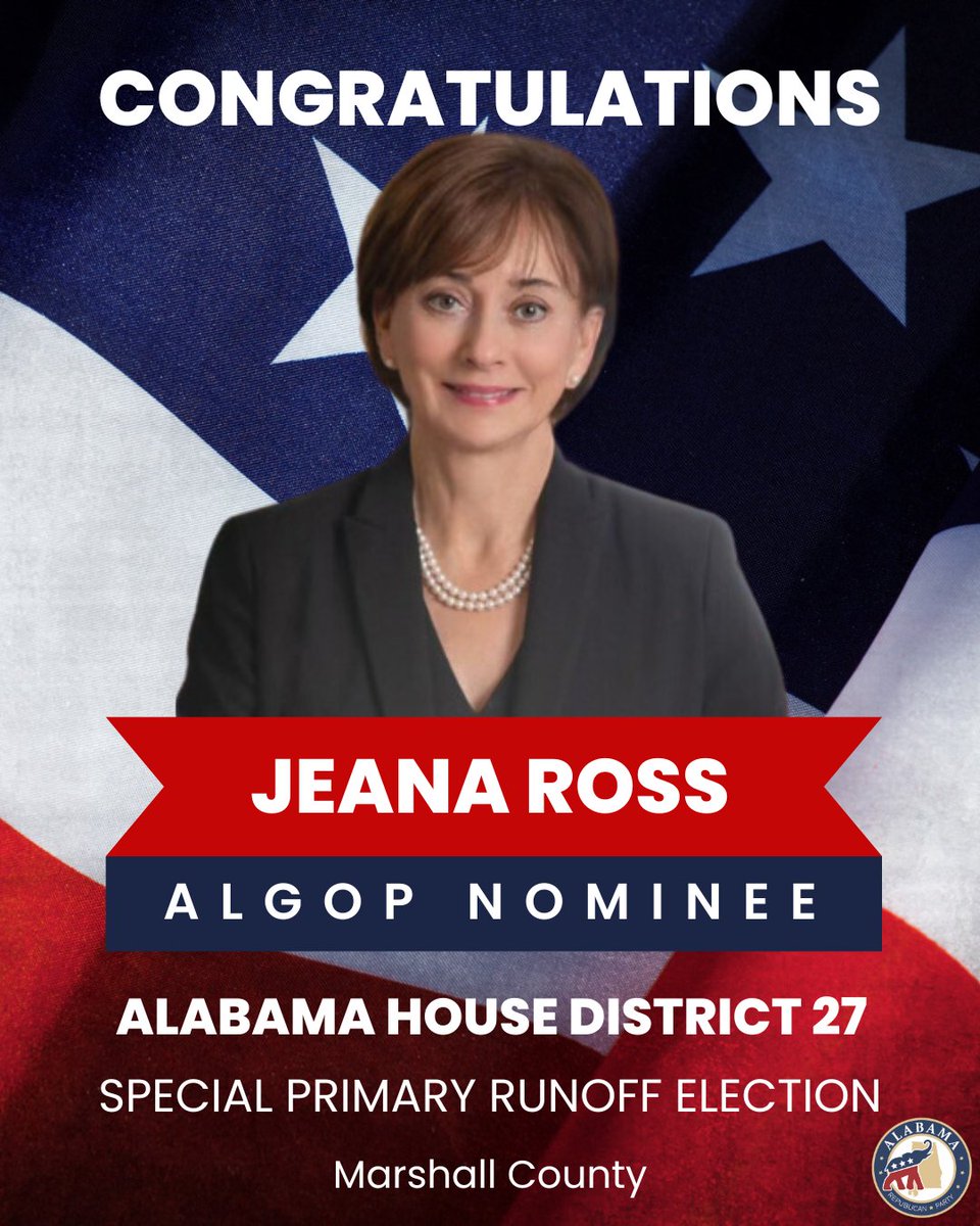 Congratulations to Jeana Ross on her victory in the Special Primary Runoff Election for HD27! Jeana's dedication to serving the people of Marshall County, coupled with her commitment to conservative values, will make her an outstanding public servant. algop.org/algop-results-…