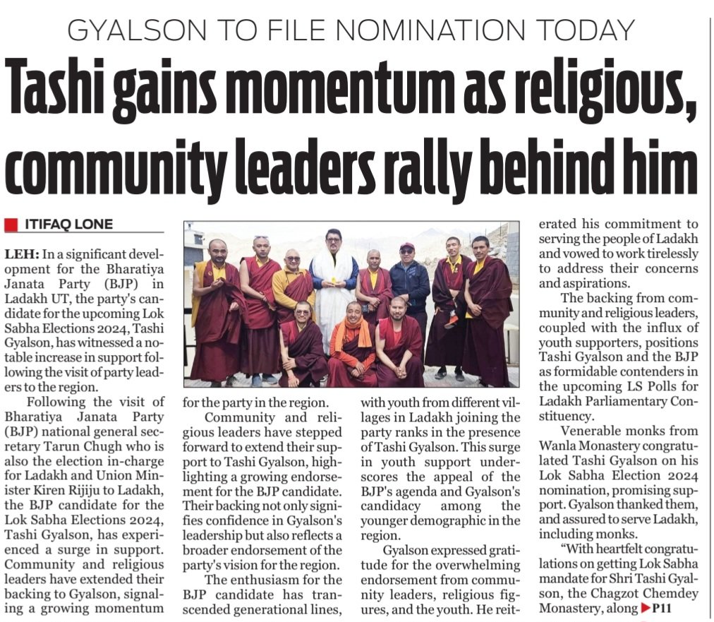 #GYALSON TO FILE #NOMINATION TODAY

#Tashi gains #momentum as religious, #communityleaders rally behind him

@tashi_gyalson @BJP4Ladakh