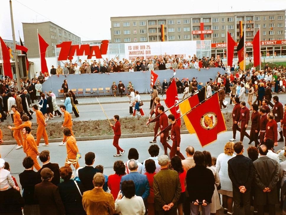 A festive procession on the occasion of the May 1st in the town of Merseburg 1974