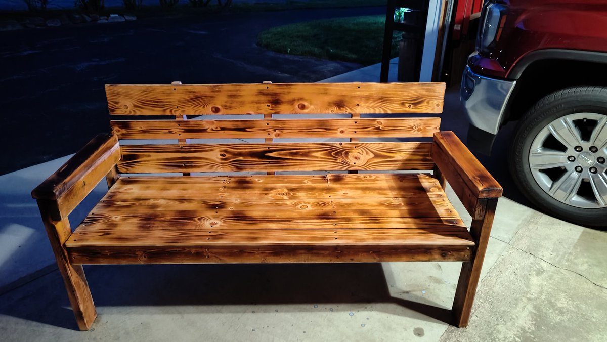 mulderlr's tweet image. Built this garden bench the other day with my wife.  This is how she wanted it finished.  So... fired or raw?  #amature #woodworking #diyproject #wooden #handmade #bench