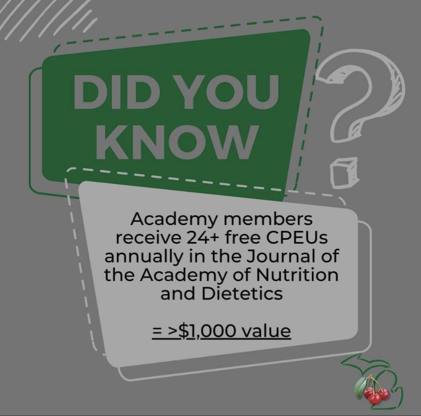 Members receive 24+ CPEUs annually in the Journal of the Academy of Nutrition and Dietetics which is >$1,000 value!

🏃‍♀️️Join or renew your membership TODAY @ eatrightpro.org & select MICHIGAN as your state affiliate at no additional cost.

#MiAND #EatRightMich #Dietitian