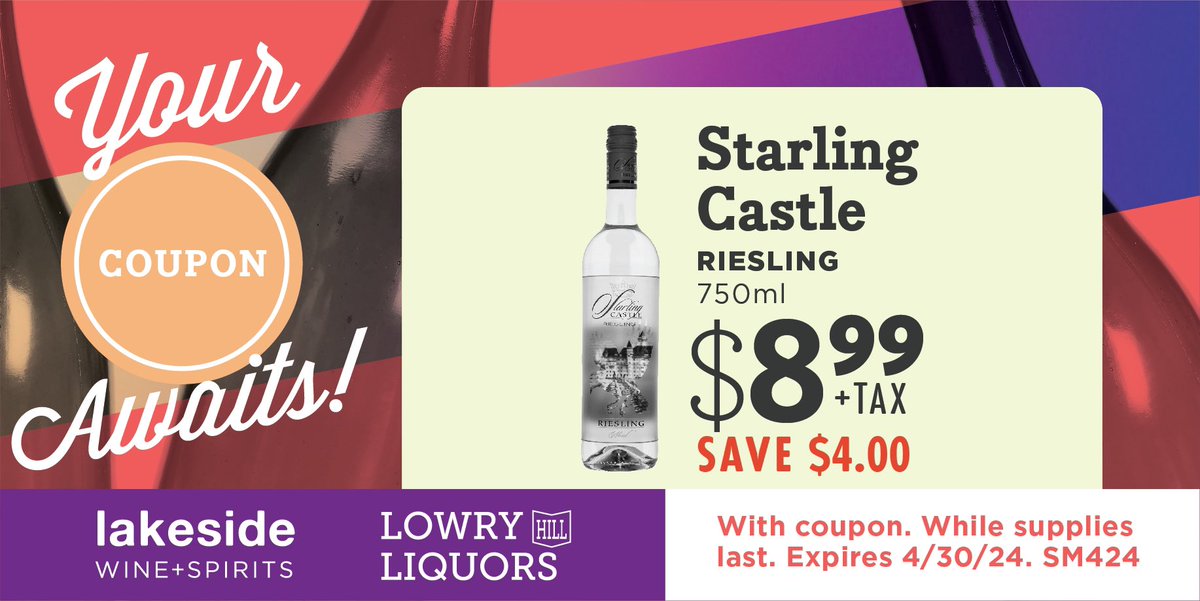 Save $4.00 on Starling Castle Riesling 750ml bottles throughout the month of April with this virtual coupon while supplest last! #starlingcastle #riesling #whitewine #winelover #april #cheers