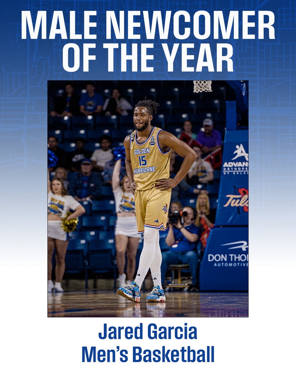 Tulsa Athletics Male Newcomer of the Year goes to Jared Garcia of @TUMBasketball !!🌀 Congratulations, Jared! #ReignCane