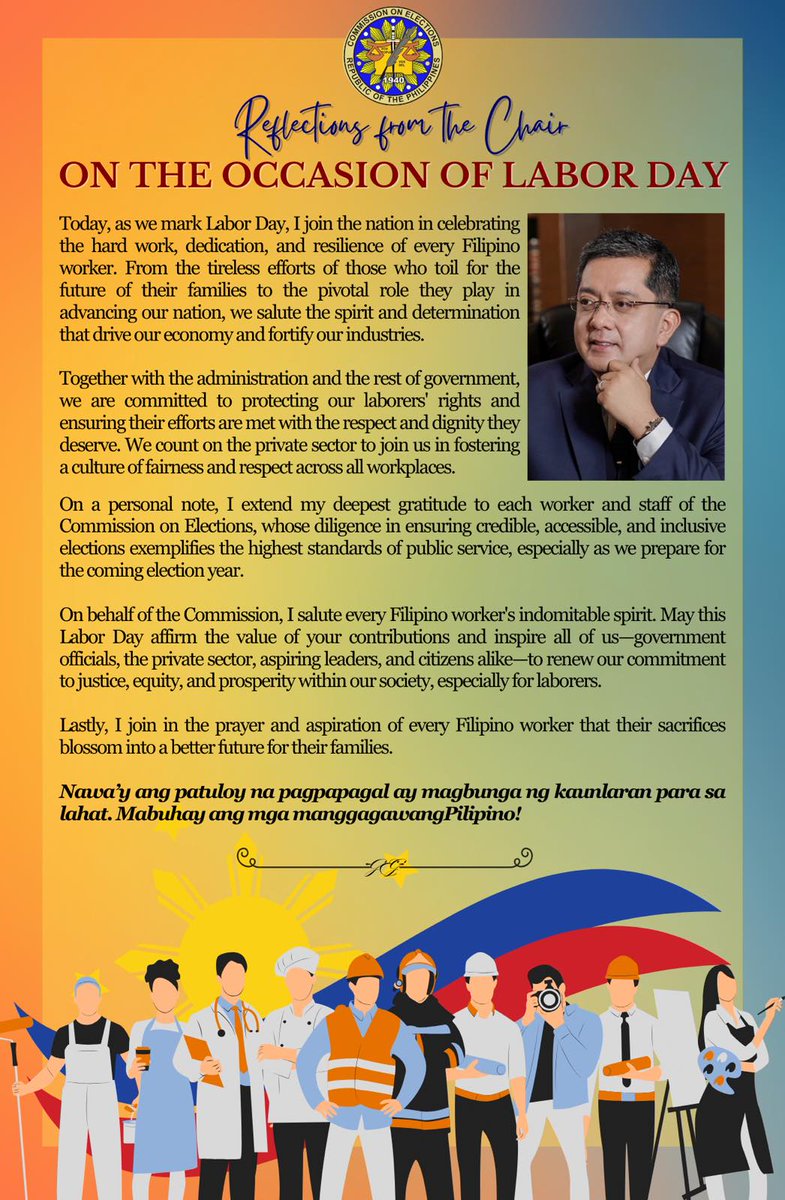 Today, as we mark Labor Day, I join the nation in celebrating the hard work, dedication, and resilience of every Filipino worker. Nawa'y ang patuloy na pagpapagal ay magbunga ng kaunlaran para sa lahat. Mabuhay ang mga manggagawang Pilipino!