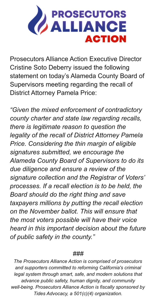 We urge the Alameda County Board of Supervisors to do its due diligence regarding the legality of the recall of DA Pamela Price and the timing of any recall election. Read our full statement from @CristineDeBerry on today’s Board meeting.