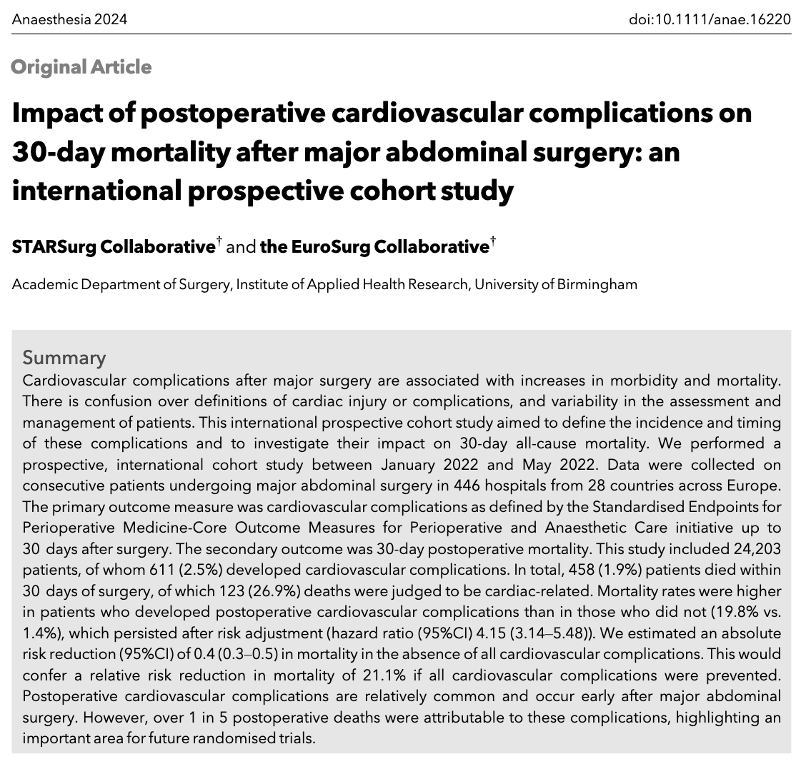 Anaes_Journal's tweet photo. 🔓Impact of postoperative cardiovascular complications on 30-day mortality after major abdominal surgery: an international prospective cohort study

@Sivesh93 @STARSurgUK @EuroSurg

🔗https://t.co/Z2aL3xHNa5 https://t.co/lU1MAvZyHO