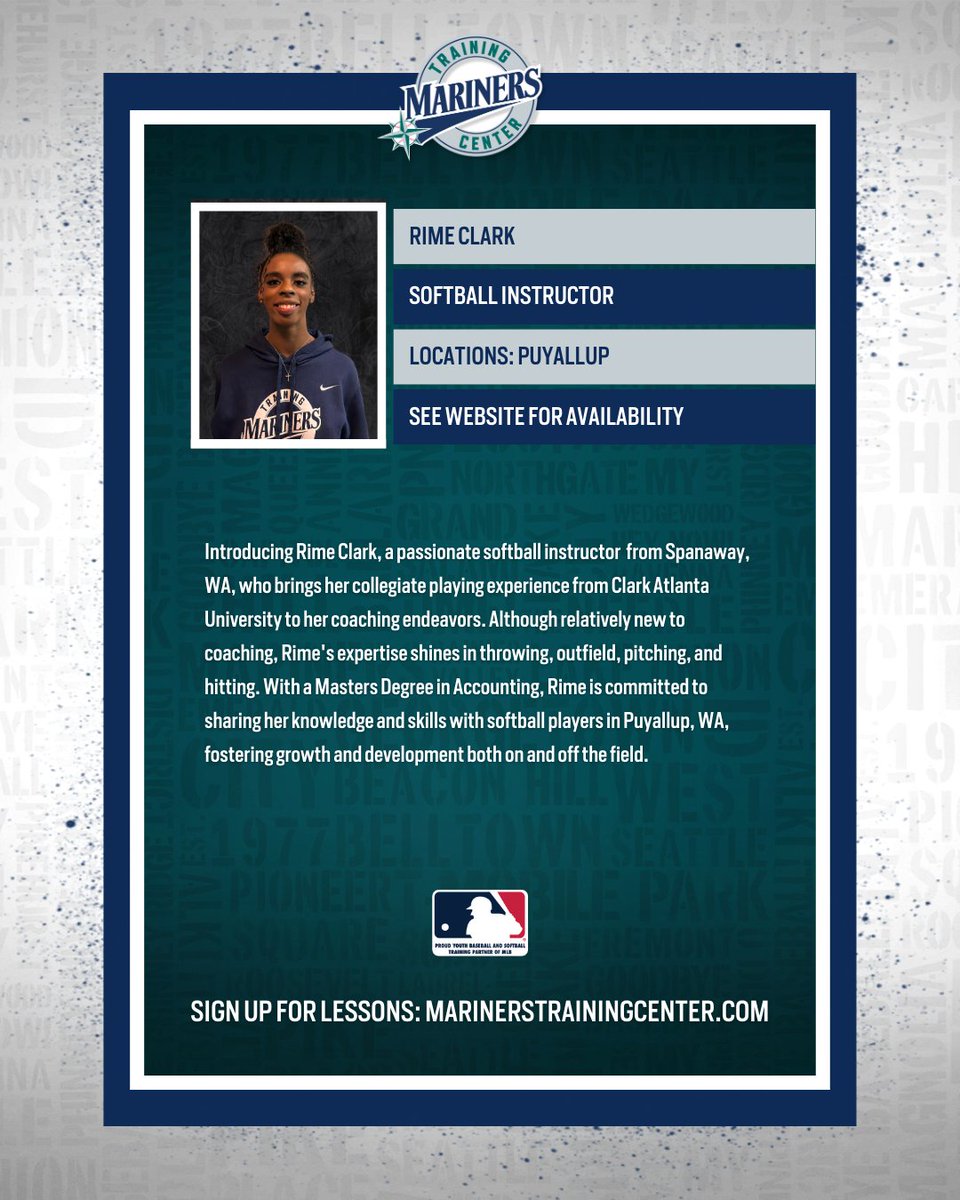 Instructor Spotlight! 🌟 Rime Clark | 📍 MTC Puyallup Specializing in pitching, throwing, outfield, and hitting Book a lesson with her today! 👉 marinerstrainingcenter.com/lessons/