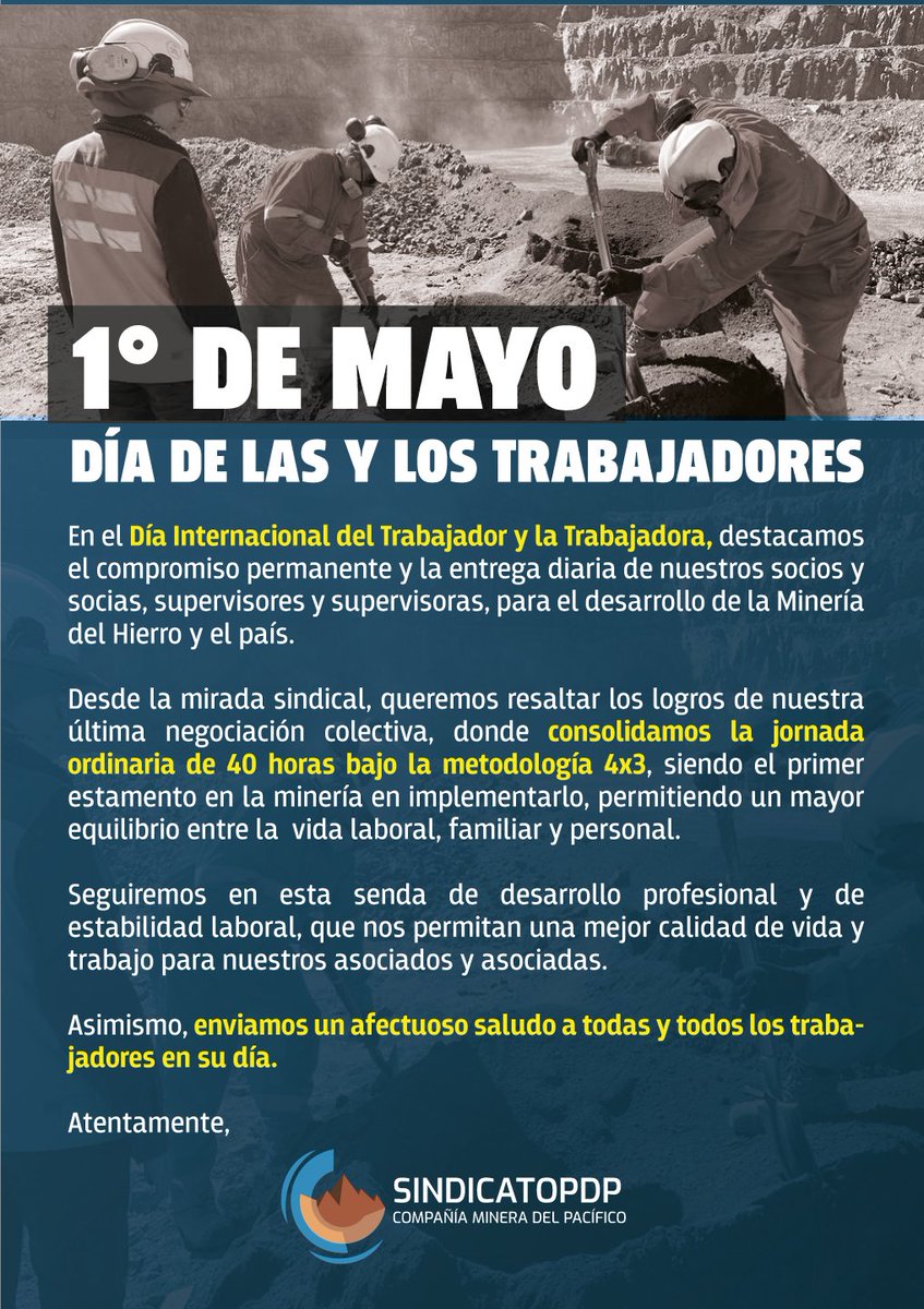 🔵🟤🟡 01 DE MAYO DÍA DE LAS Y LOS TRABAJADORES

En este día, enviamos un afectuoso saludo a todas y todos los trabajadores que día a día levantan y sostienen la minería y la actividad laboral en el país. En cada hogar, en cada familia, un abrazo a cada trabajador y trabajadora.