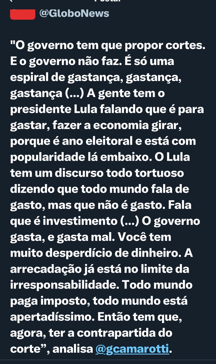 Quando comecei a ler, achei que eram trechos de discurso que eu havia feito, dias atrás. Depois vi que era postado pela GloboNews e era fala do Camarotti. Fiquei muito surpreso !!