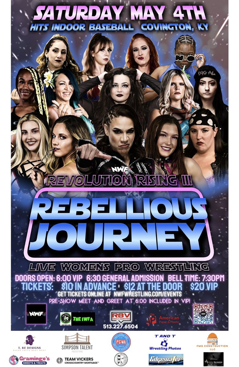 🔥🔥 Revolution Rising Wrestling III: Rebellious Journey 🔥🔥 Saturday, May 4th at Hits Indoor Baseball Sportsplex in Northern Kentucky 🎟🎟 Tickets Available NOW at nwfwrestling.com/events 🎟🎟 🚪 VIP at 6:00PM 🚪 General Admission at 6:30PM 🛎 Bell Time 7:30PM