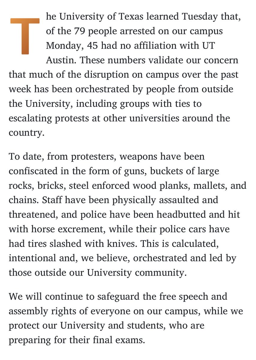 .@UTAustin statement saying police confiscated weapons from protesters including “guns, buckets of large rocks, bricks, steel enforced wood planks, mallets, and chains.” In addition they list of variety of violent acts they allegedly committed.