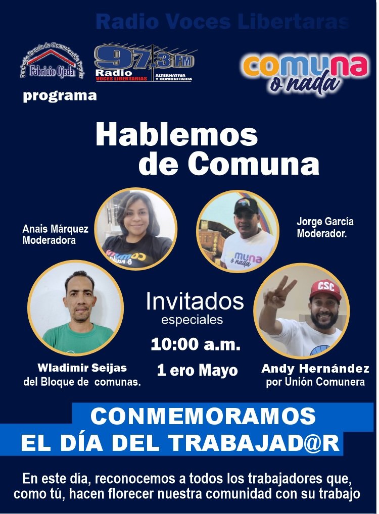 EPA! 👆 
📍Te Invitamos a Escuchar Radio Voces Libertarias
97.3 FM señal abierta 📻
Por internet 
zeno.fm/amp/radio/radi…

El Programa:
*Hablemos de Comunas 
Hora 10: 00 a.m. 
Dia Miércoles  #1eroMayo #comunas #30Abr #SomosPuebloUnido