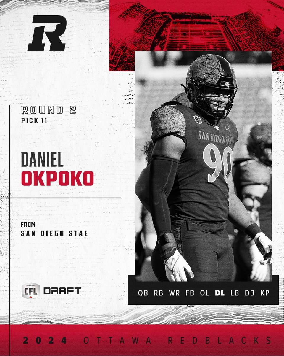 Ottawa REDBLACKS (@redblacks) on Twitter photo OK, <a href="/Dan_okpoko/">Daniel Okpoko</a> 🫡
We have selected <a href="/AztecFB/">San Diego State Football</a>'s 🇨🇦 DL Daniel Okpoko 11th overall in the #CFLDraft! OK, <a href="/Dan_okpoko/">Daniel Okpoko</a> 🫡
We have selected <a href="/AztecFB/">San Diego State Football</a>'s 🇨🇦 DL Daniel Okpoko 11th overall in the #CFLDraft!