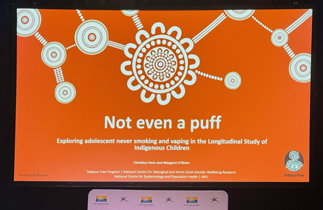Wonderful to see the work of <a href="/HerisChristina/">Christina Heris</a> on Indigenous #smoking and #vaping at #Prevention2024 and super proud we funded her 2020 PhD on Aboriginal people staying smoke free. Read more about her <a href="/TAPPCentre/">Prevention Centre</a> research here bit.ly/3w6HY8z